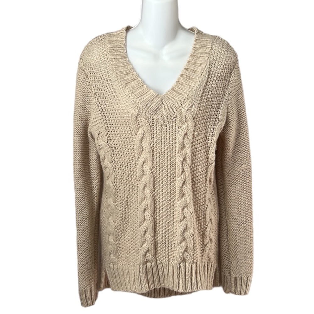 Womens Cable Knit V-Neck Fisherman Sweater Neutral Alpaca Wool Size Small